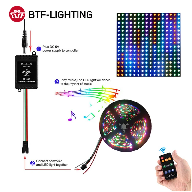 Tira de luces LED SP106E RGB, controlador inalámbrico RF, 9 teclas, píxel IC SPI, música colorida, WS2811, WS2812B, SK9822, SK6812, APA102, DC5-12V