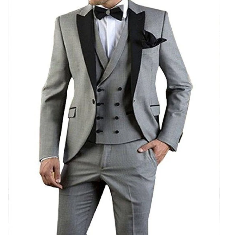 

Formal Grey Groom Tuxedos One Button Peak Lapel Groomsmen Best Men Suits for Wedding Business Prom Party Suits Jacket+Pants+Vest