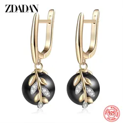 ZDADAN 925 Sterling Silver 18K Gold Leaf Round Pearl Earrings For Women Fashion Engagement Jewelry Gift