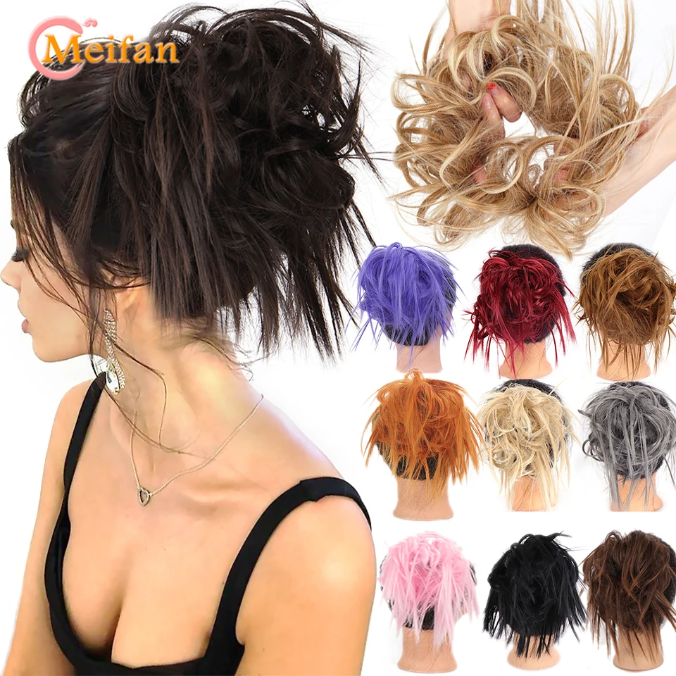 MEIFAN Synthetic Messy Fluffy Hair Bun Tousled Hairpiece Elastic Band Chignon Scrunchie Ponytail Extensions Hair Bow for women