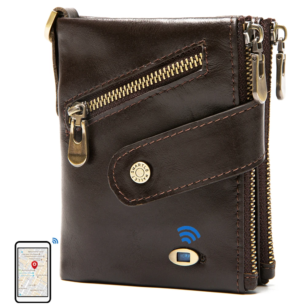 Smart anti-lost wallets Bluetooth Tracker genuine leather men wallet coin pocket chain zipper wallet card holder