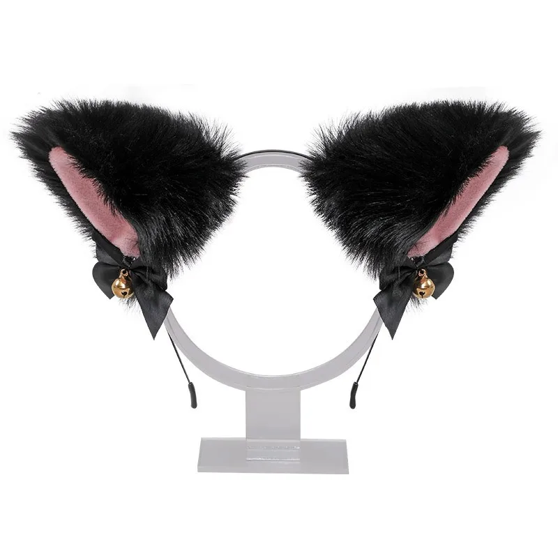 Plush Furry Rabbit Ears Headband, Lolita Cosplay Acessórios para Meninas, Decoração de Festa, Orelhas de Gato com Sinos