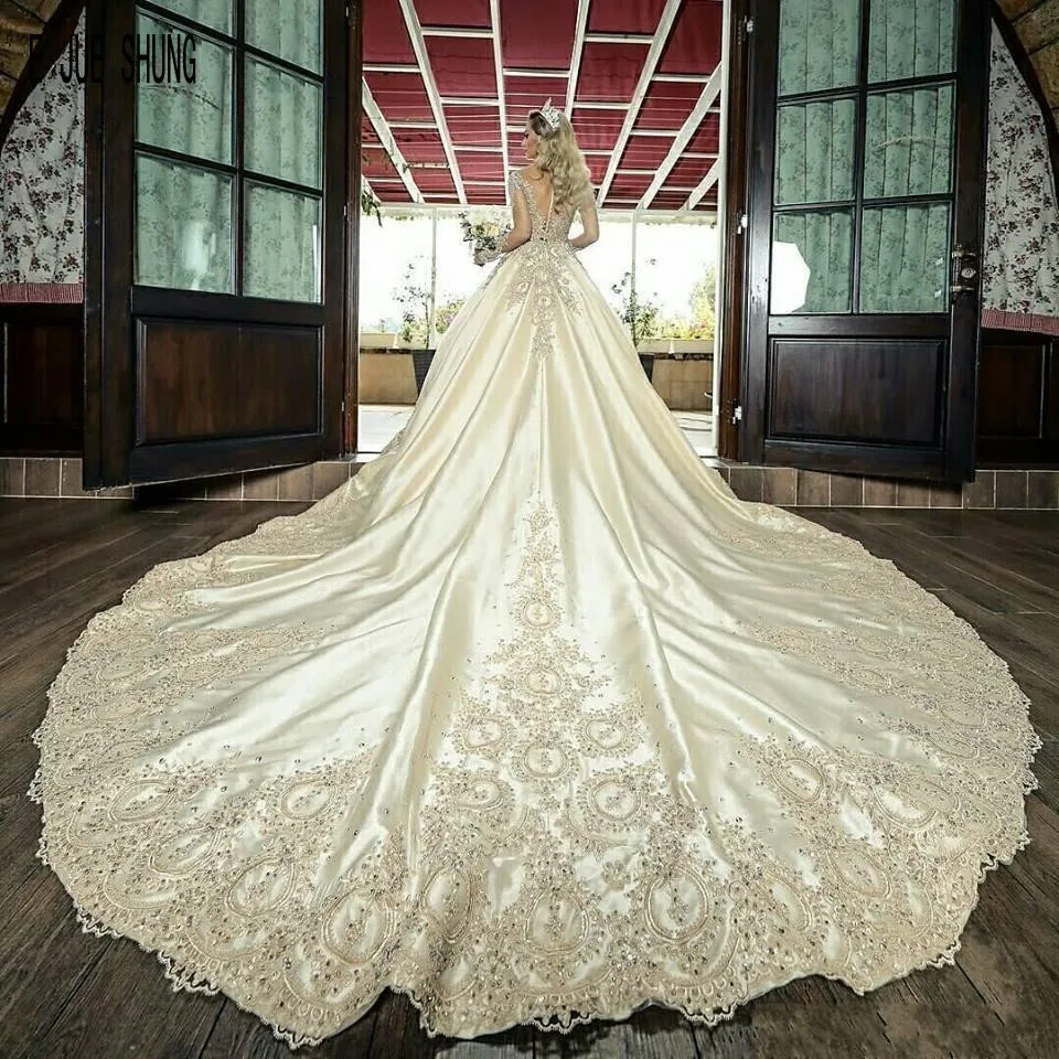 E JUE SHUNG vestido de novia de manga larga con cuello redondo, apliques de encaje con cuentas, vestidos de novia de lujo