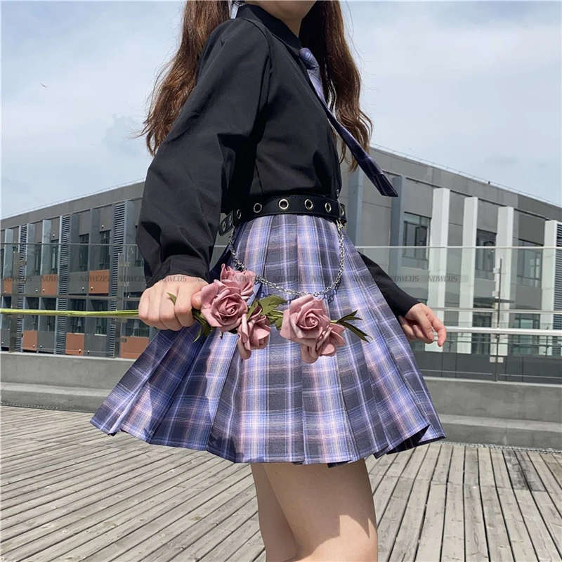 [Romantische Athanasy] Lange/Korte Mouw Stuntente Dame Meisjes Hoge Taille Geruite Plooide Rokken Jk Schooluniform Anime Kleding Zwart