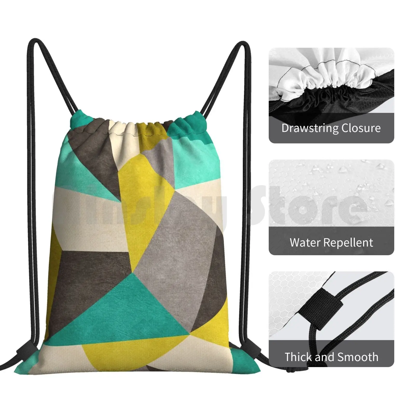 Polygons Backpack Drawstring Bag Riding Climbing Gym Bag  Dverissimo Green Yellow Polygonss Beige Brown Shapes Pattern