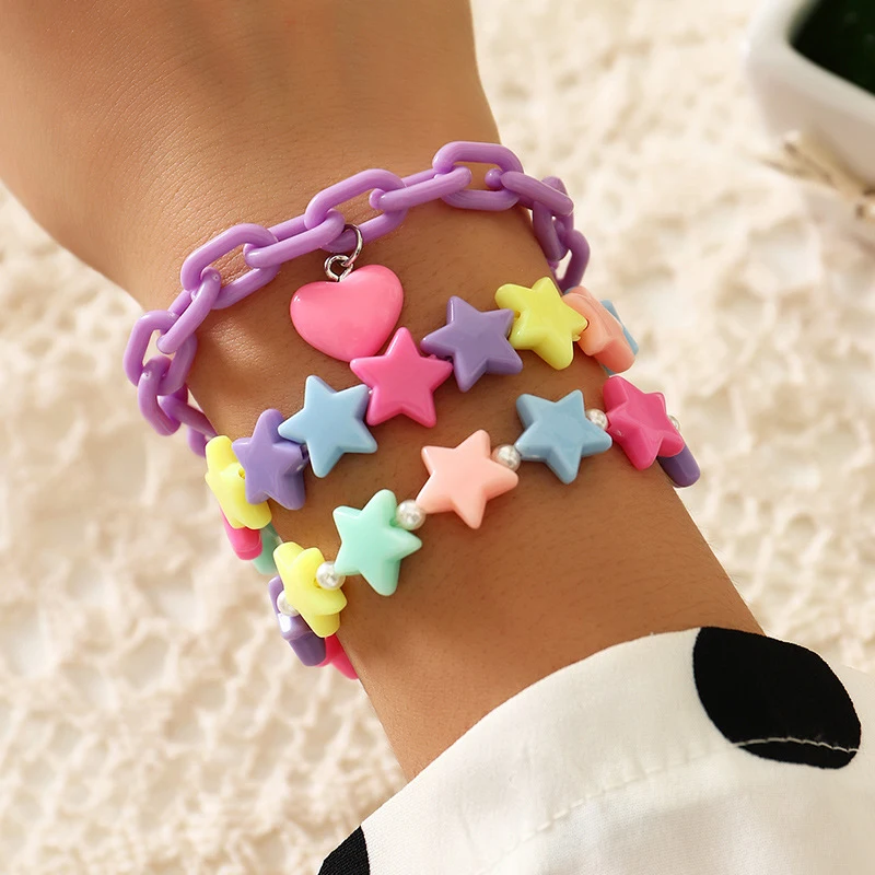 

2020 Fashion Women Stretchy Bracelet Basic Plastic Colorful Stars Link Chain Bracelets Pink Heart Pendant Pulseras Femme Jewelry