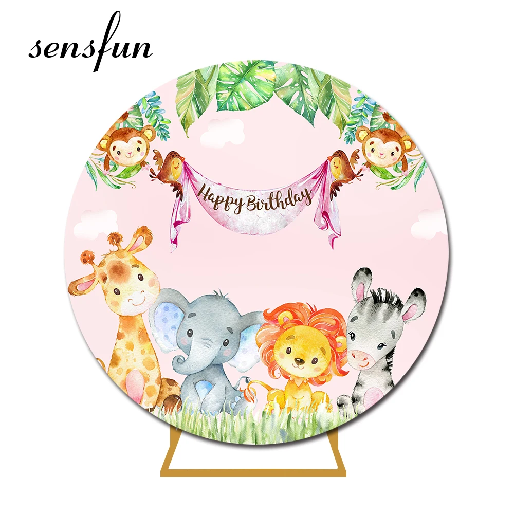 

Sensfun Pink Girls Safari Jungle Party Round Backdrop Cover Animals Elephant Lion King Kids Birthday Party Circle Background