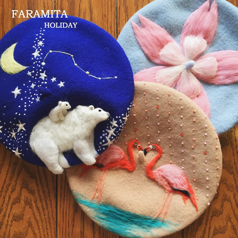 Faramita Holiday 100% Wool Women Kids Berets Flamingo Polar Bear Handmade Vine Womens Painter Hats Novelty Original Design Beret