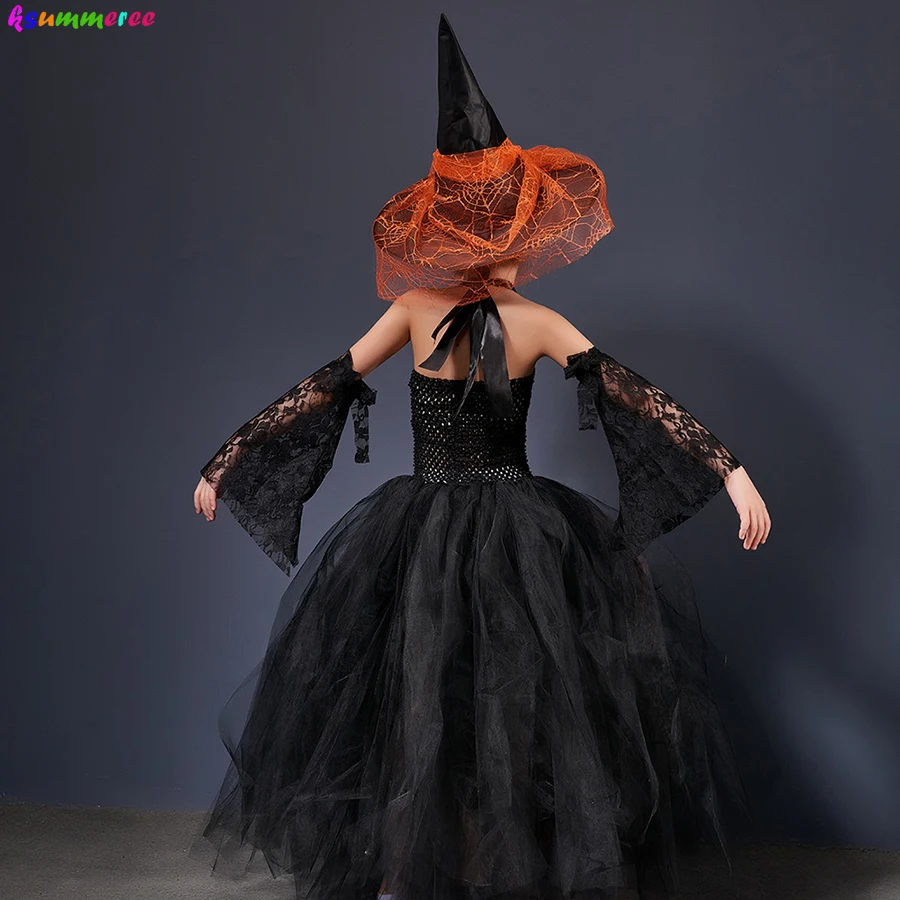 Witchy Halloween Girls Tutu Dress with Hat Medieval Fantasy Black Gothic Gown Dresses for Villain Party Purim Carnival Costume