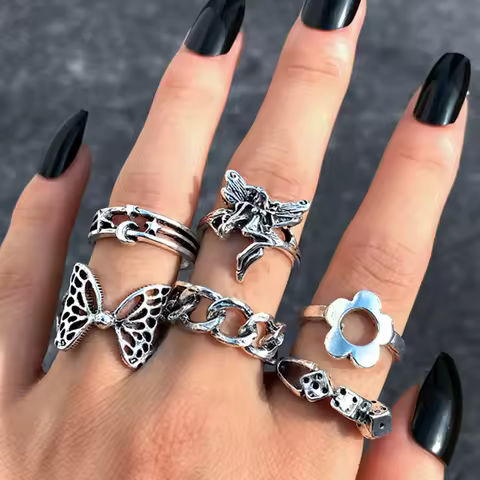 Punk Butterfly Finger Ring Set for Women Flower Fairy Gothic Silver Color 6PCS Dice Angel Wings Cupid Charms Rings Jewelry