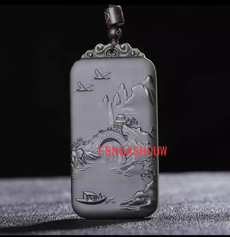 

Natural Hetian Jade Cyan Double Sided Engraving Landscape Brand Pendant Charm Jewellery Necklace for Women Men Fashion Accessies