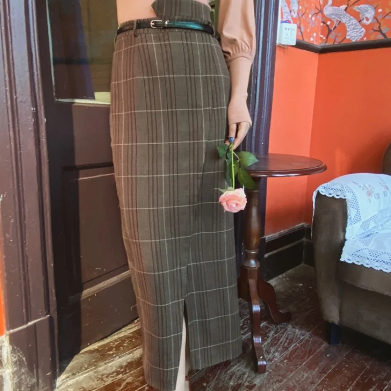 Women Vintage High Waist Plaid Skirt Ladies Wrap Ankle Length Long Skirts British Style Casual Elegant Slim Fit Split Suit Skirt