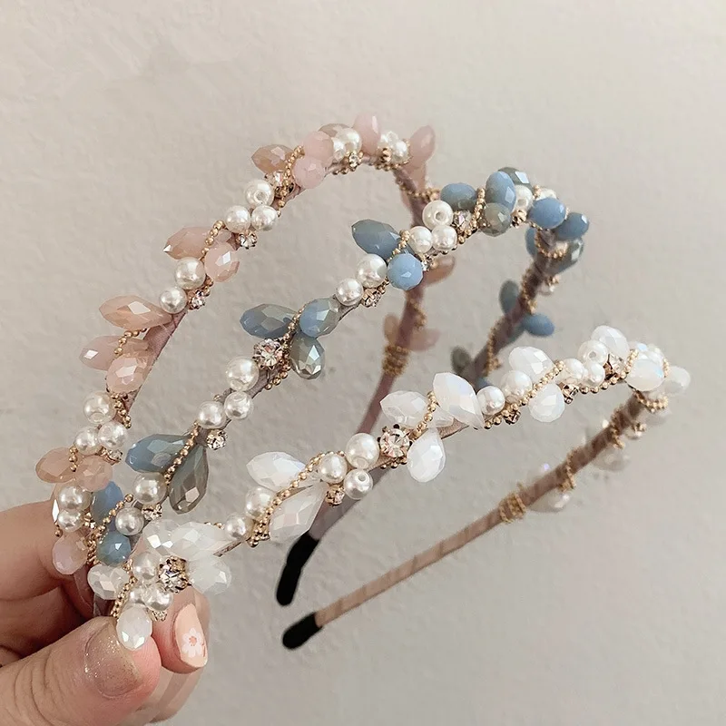 blue pink beads Headband Vintage Rhinestone Head Hoop Full Crystal Luxury Hair Accessories jewelry gift Geometric wholesale