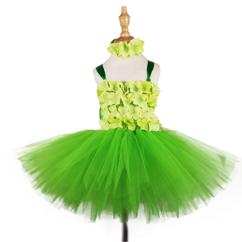 Baby Girls Green Flower Petals Tutu Dress Kids Crochet Fluffy Tulle Dress with Hairbow Children Christmas Party Costume Dresses