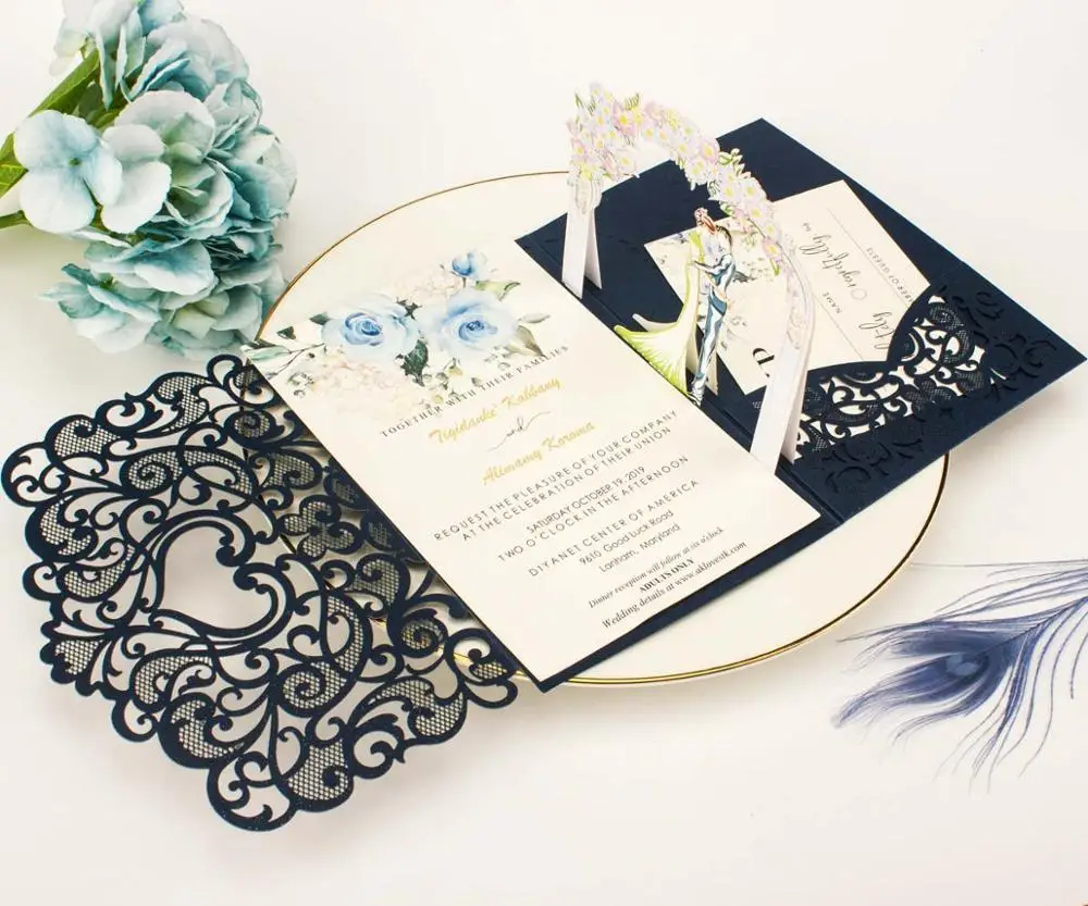 Free Shipping 1x 3D POP UP Card gold gray tri 3 Fold Pocket Wedding Invitation Card Laser cut Invite Greeting card with envelope