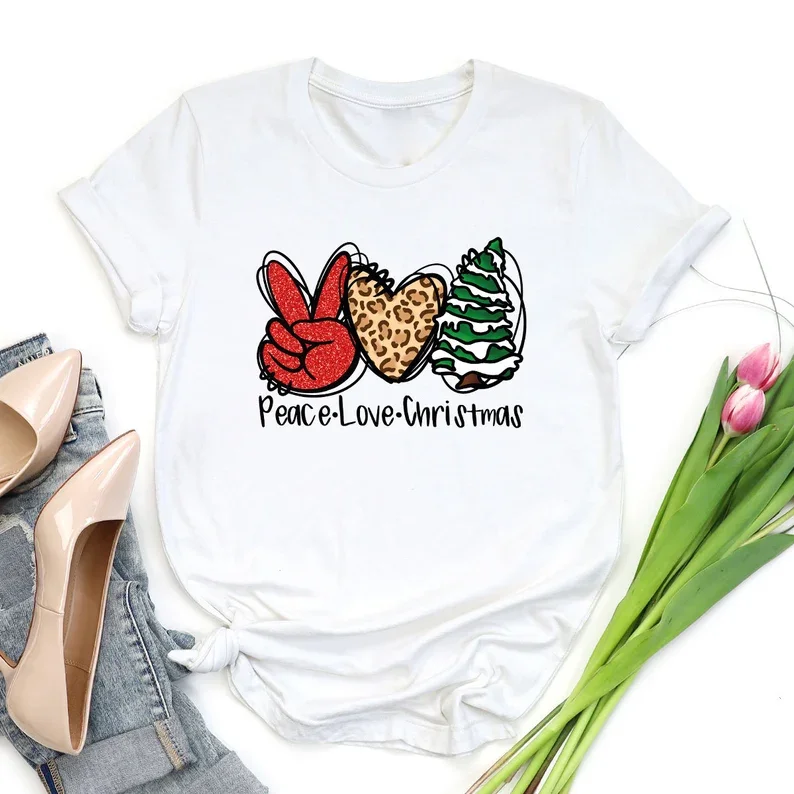 Peace Love Christmas Merry Noel Women Gift Merry Cute Tee Family Shirt 100%Cotton O Neck Female Clothing Casual Unisex y2k goth