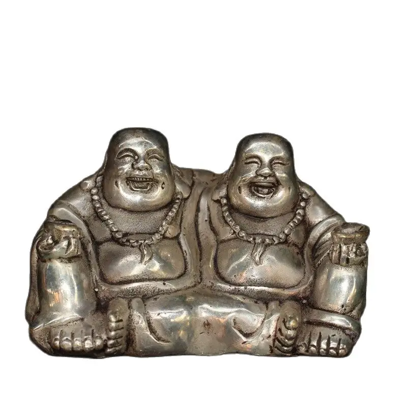 Chinese Old Craft  Tibetan Silver Brothers Maitreya Buddha Decoration