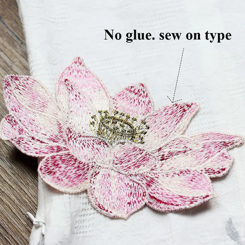 1 Piece Soft Lotus Flower Patch Embroidered DIY Bag Appliques Sew On Patches for Clothes Cheongsam Wedding Dress Accessory