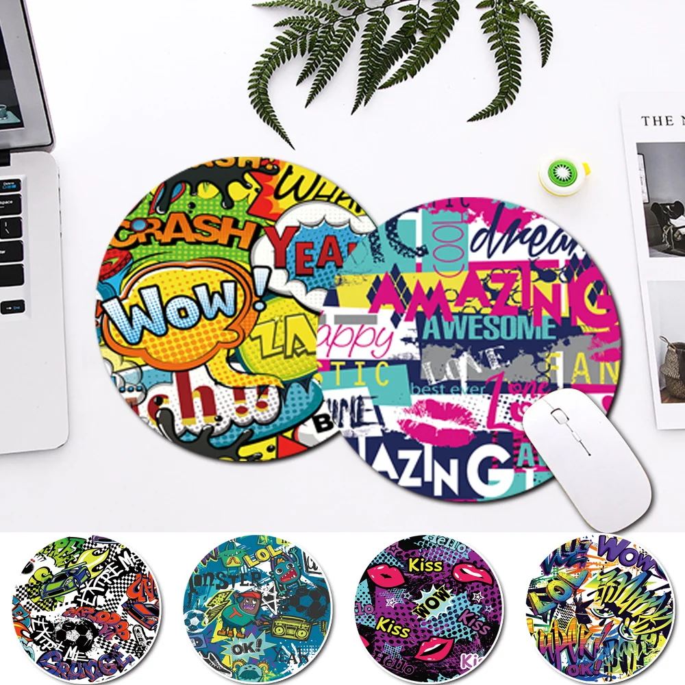

Graffiti Pattern Round Mouse Pad for Gaming Computer Pu Leather Non-slip Laptop Mat Pads Waterproof Office Mousepad 22cm