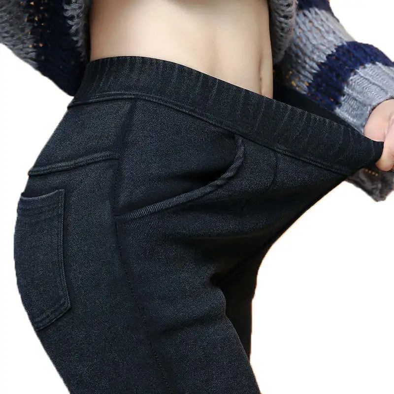 M-6XL Plus Size Winter Plus Velvet Thicken Stretch Skinny Imitation Denim Leggings Women Elastic Waist Black Pencil Pants C6669