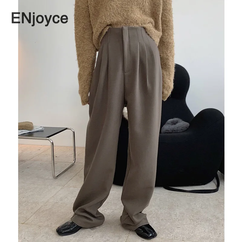 Women Vintage High Waist Wide Leg Plus Long Wool Straight Pants 2024 Winter Ladies Loose Trousers Thick Suit Pant