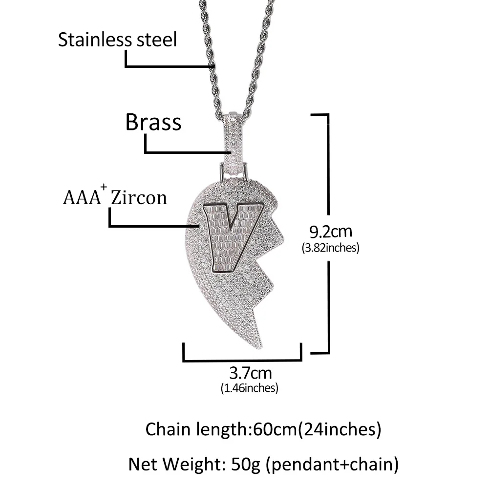 Hip Hop Claw Setting 3A+ CZ Stone Bling Iced Out V Letter Broken Heart Pendants Necklaces for Men Rapper Jewelry Gift