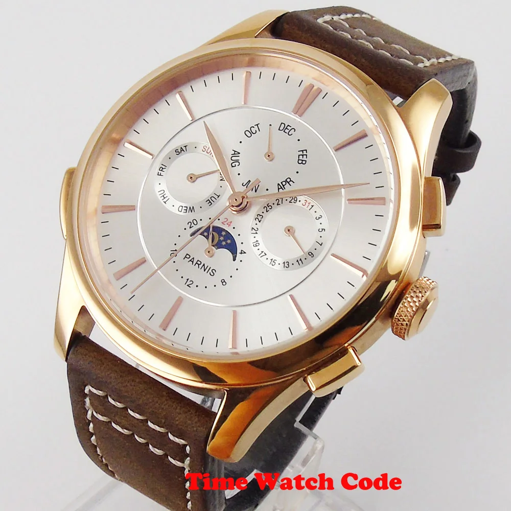 

PARNIS 44mm Automatic Men's Watch Silver Dial Day Date indicator Moon Phase coffee strap rose golden plated case Roman numerals