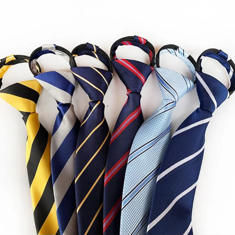 GUSLESON New Fashion 8cm Silk Print Stripe Lazy Zipper Tie Neck Tie for Gentleman Wedding Party Cravats Accessories Elastic Tie