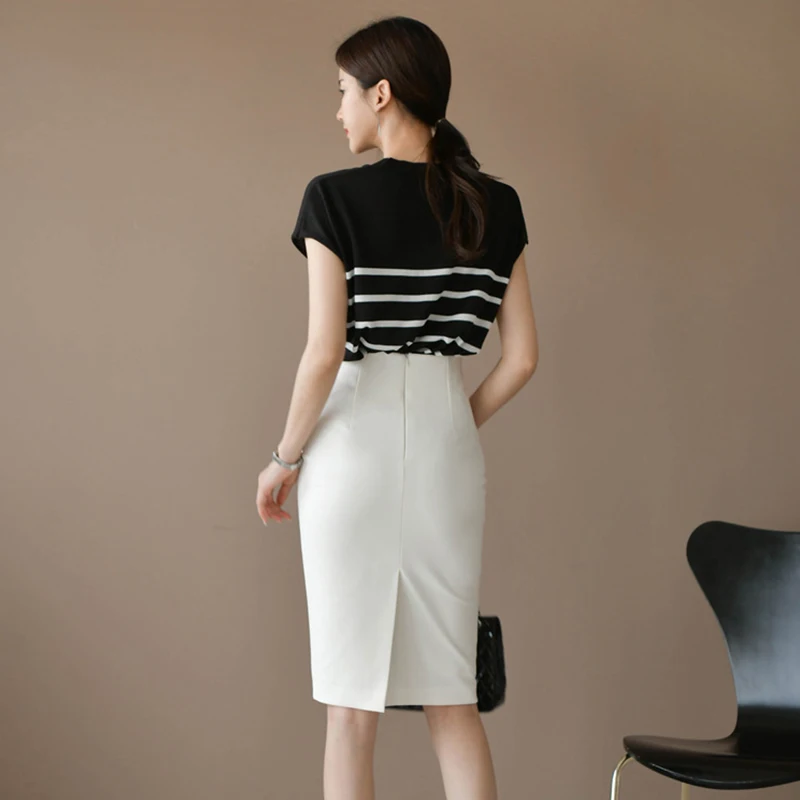 New Arrival Fashion Elegant Office Lady Sets Women Summer Temperament Batwing Sleeve Stripe Tops Pencil Skirt Female 2 piece set