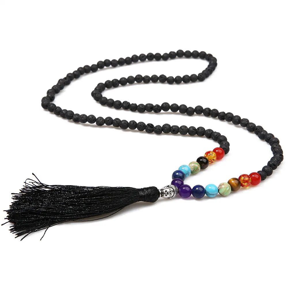 6mm Natural Volcanic Stone 8mm Chakra Beaded for Gathering Anniversary Prayer Buddha Head Tassel Pendant Men and Women Necklace