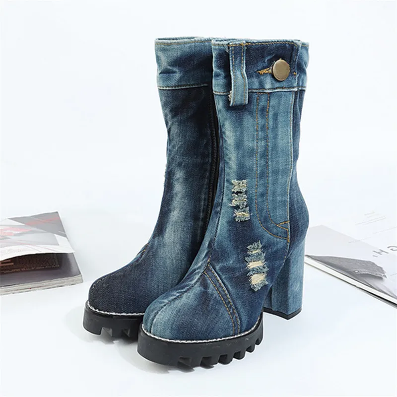 Women High Boots Chunky High Heel Denim Botte Femme Ladies Platform Rubber Shoes Punk Style Ladies Jean Riding Botas