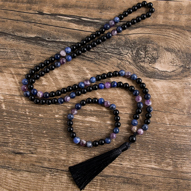 

8mm Natural Black Onyx Amethyst Blue Sodalite Stone Beaded Necklace Meditation Yoga 108 Japa Mala Jewelry Men and Women Amulet