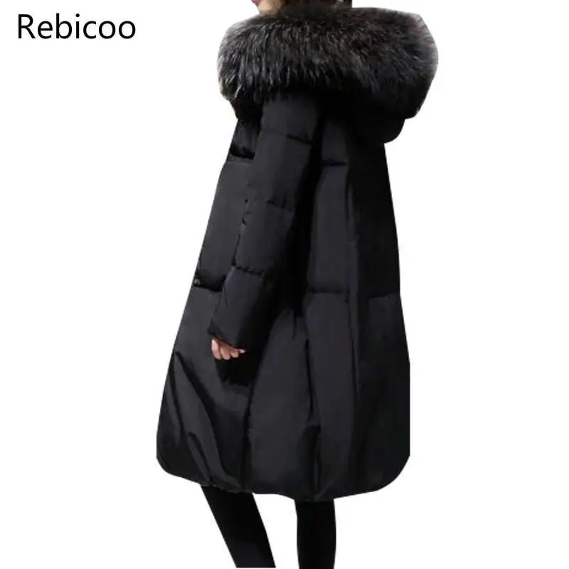 

5XL Winter Women Loose Thick Warm Jacket Female Faux Fur Collar Hooded Down Cotton Coat Parkas Outwear