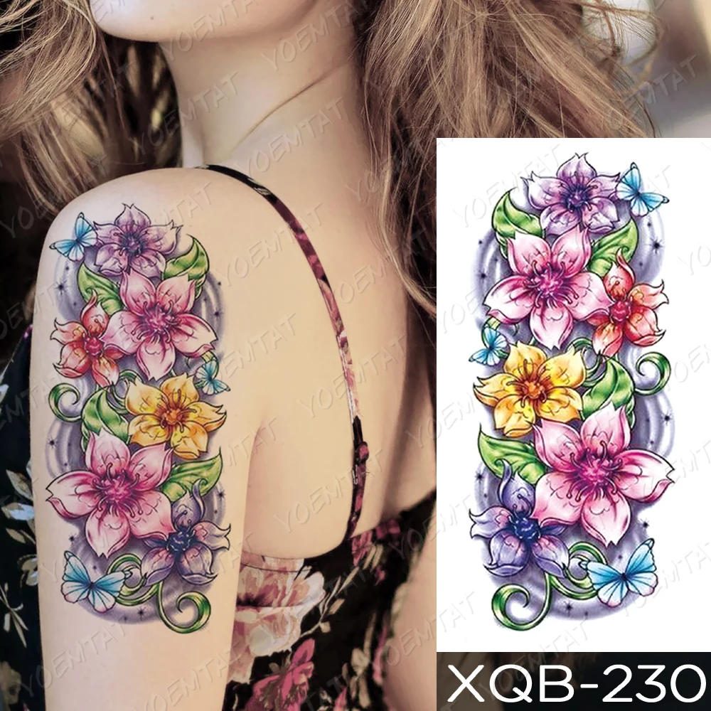 Waterproof Temporary Tattoo Sticker Purple Pink Line Rose Flower Flash Tattoos Totem Heart Body Art Arm Fake Sleeve Tatoo Women