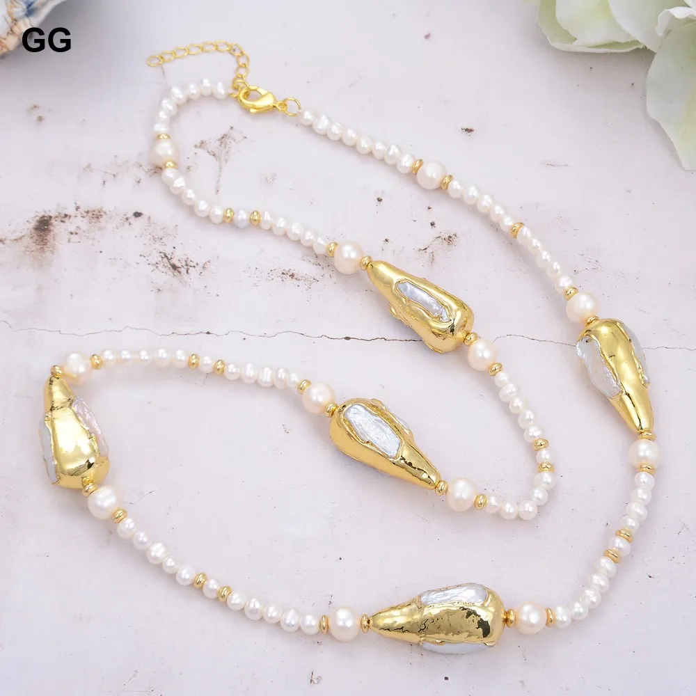 GuaiGuai Jewelry Freshwater Cultured White Pearl Keshi Pearl Station Long Sweater Chain Necklace 29