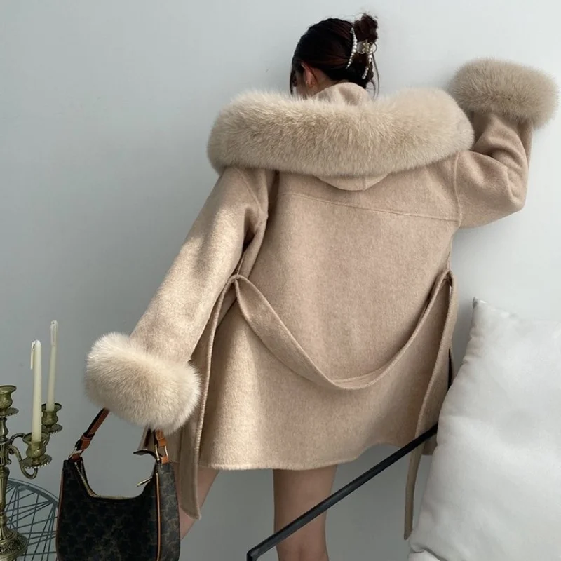 Real Women Fox Fur Collar Wool Overcoat Elegant Belt Medium-Long Hooded Coat Luxury OL Style Winter Warm Outerwear Female