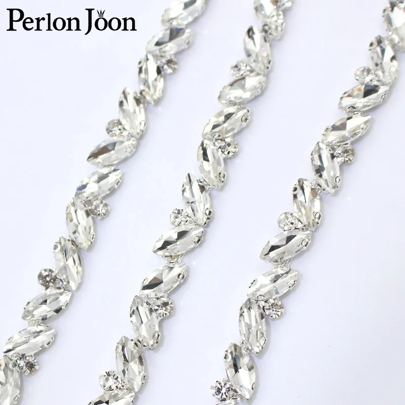 1yard leaf glass rhinestone trim applique silver crystal leaf chain sewn in bridal wedding decoration accessories ML131