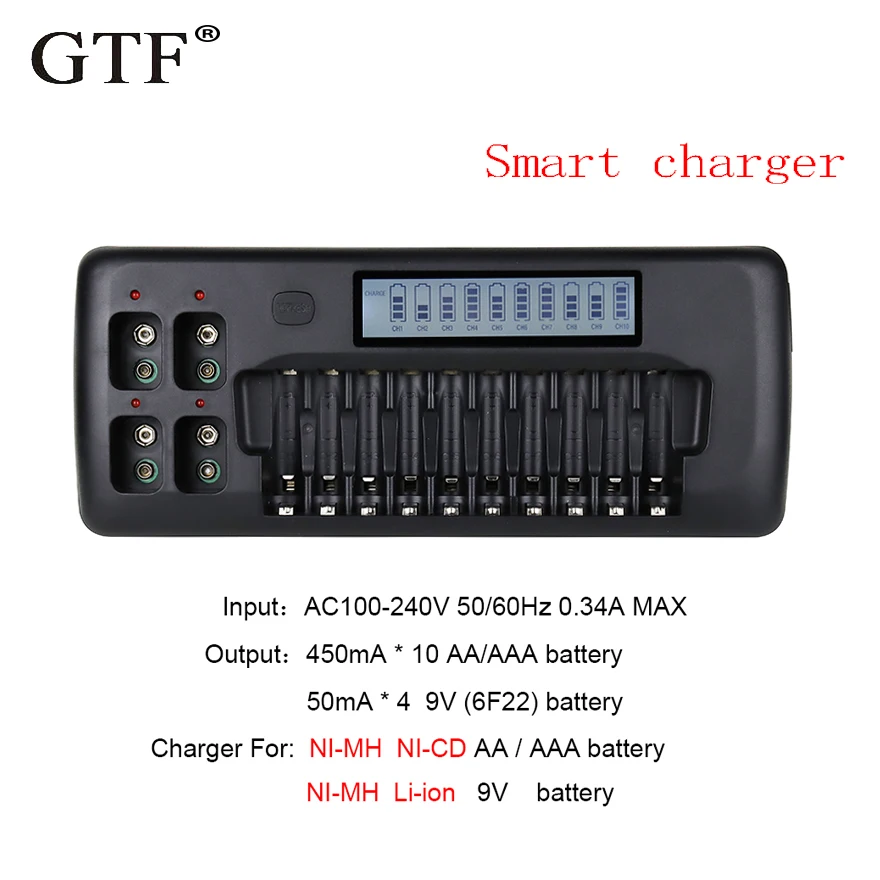 

GTF Smart 9V 6F22 Battery Charger for 1.2V AA AAA Ni-MH Ni-CD 9V Li-ion Rechargeable Batteries Intelligent LCD Display 14Slots