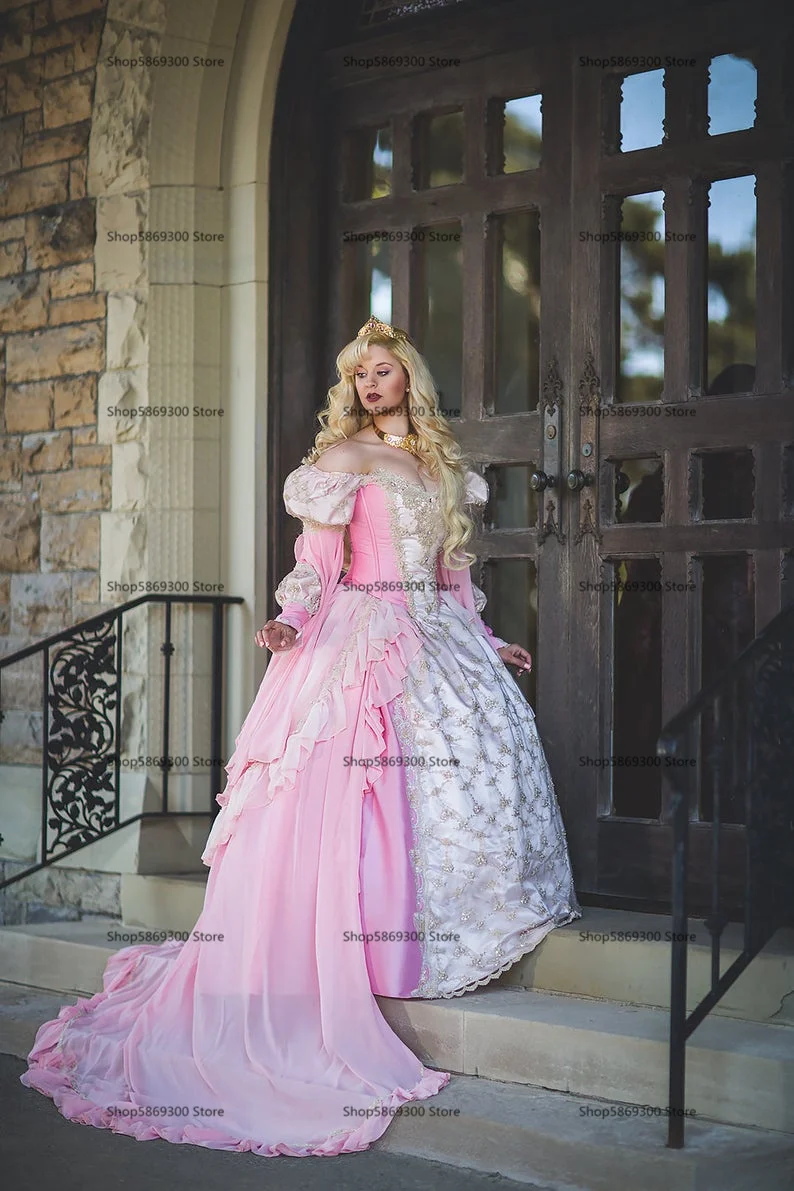 Gothic Sleeping Beauty Princess Medieval pink and gold Wedding Dress Long Sleeve Lace Appliques Victorian masquerade Bridal gown