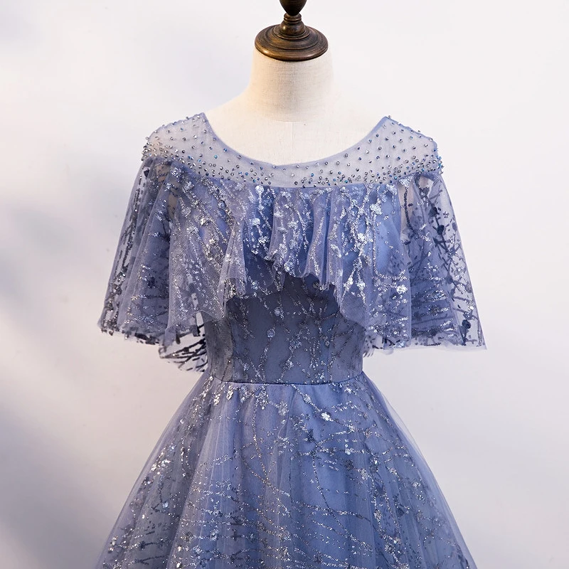 Eleganti abiti da sera in Tulle blu Vintage maniche corte o-collo lucido con paillettes che borda abiti da ballo per ospiti celebrità di nozze