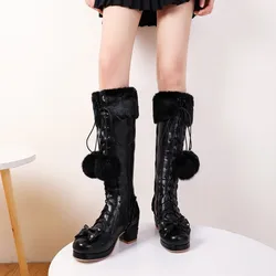 Japanese autumn winter Lolita loli boots  plus cashmere keep warm sweet bow girls high-heeled girls kawaii snow boots loli