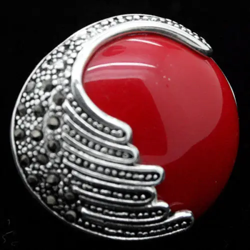 

wholesale good latest design lady's 25mm Red Coral 925 Sterling Silver Marcasite Ring Size 7/8/9/10