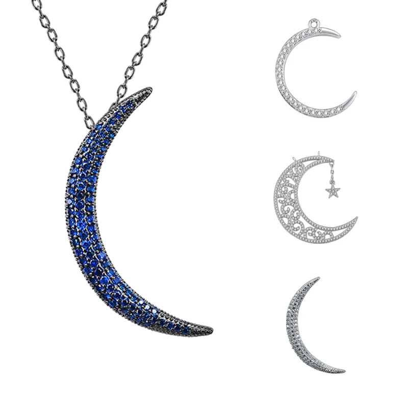 

ZEMO Real 925 Silver Moon Necklace Female Blue Zirconia Crescent Pendant Necklace for Women Girls Charm Necklace Gift Jewelry