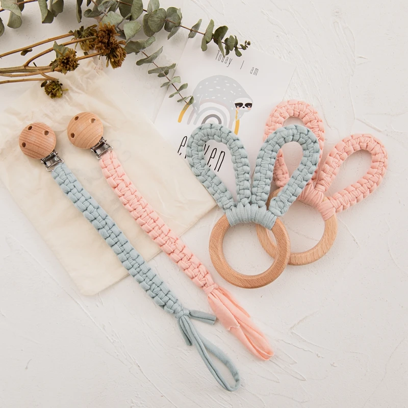 2PC Bed Bell Baby Toys Teether Wooden Rabbit Rattles Pacifier Chain Mobile Pram Personalize Chewable Beech Musical Newborn Toys