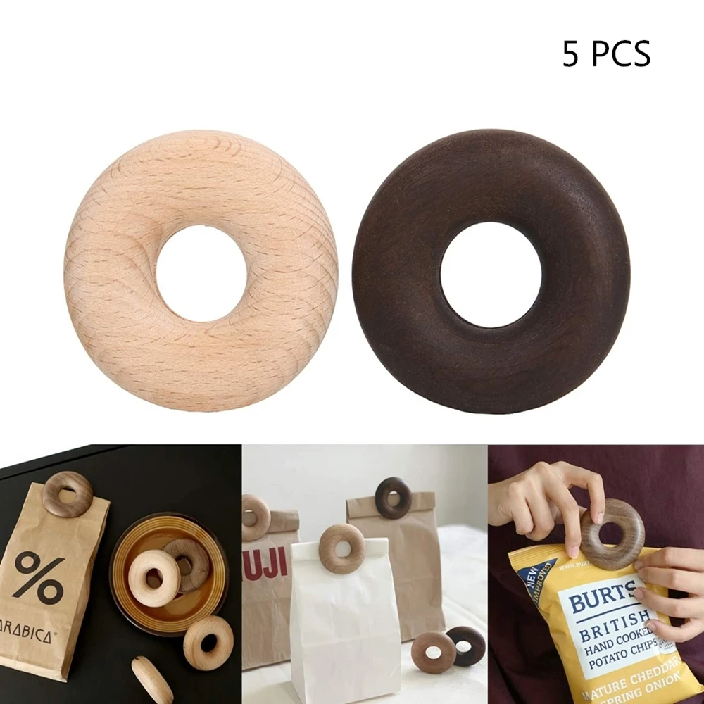 

5 Pcs Wooden Sealer Snack Fresh Food Storage Bag Clips Kitchen Tool Accessories Donut Shape Sealing Clamp Food Clips