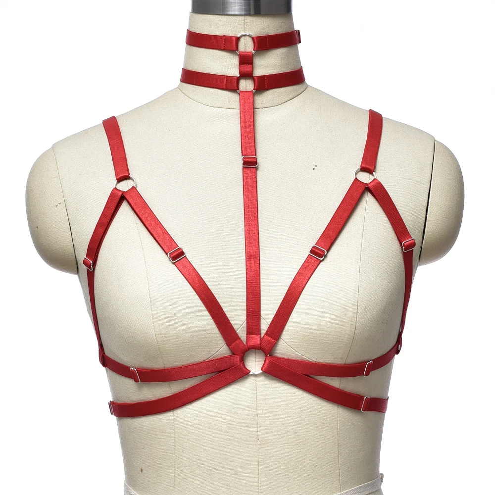 Women Red harness Bra body crop top Spandex Adjust Cage bra harness Hot Sexy body stocking Goth harajuku harness belt hand made