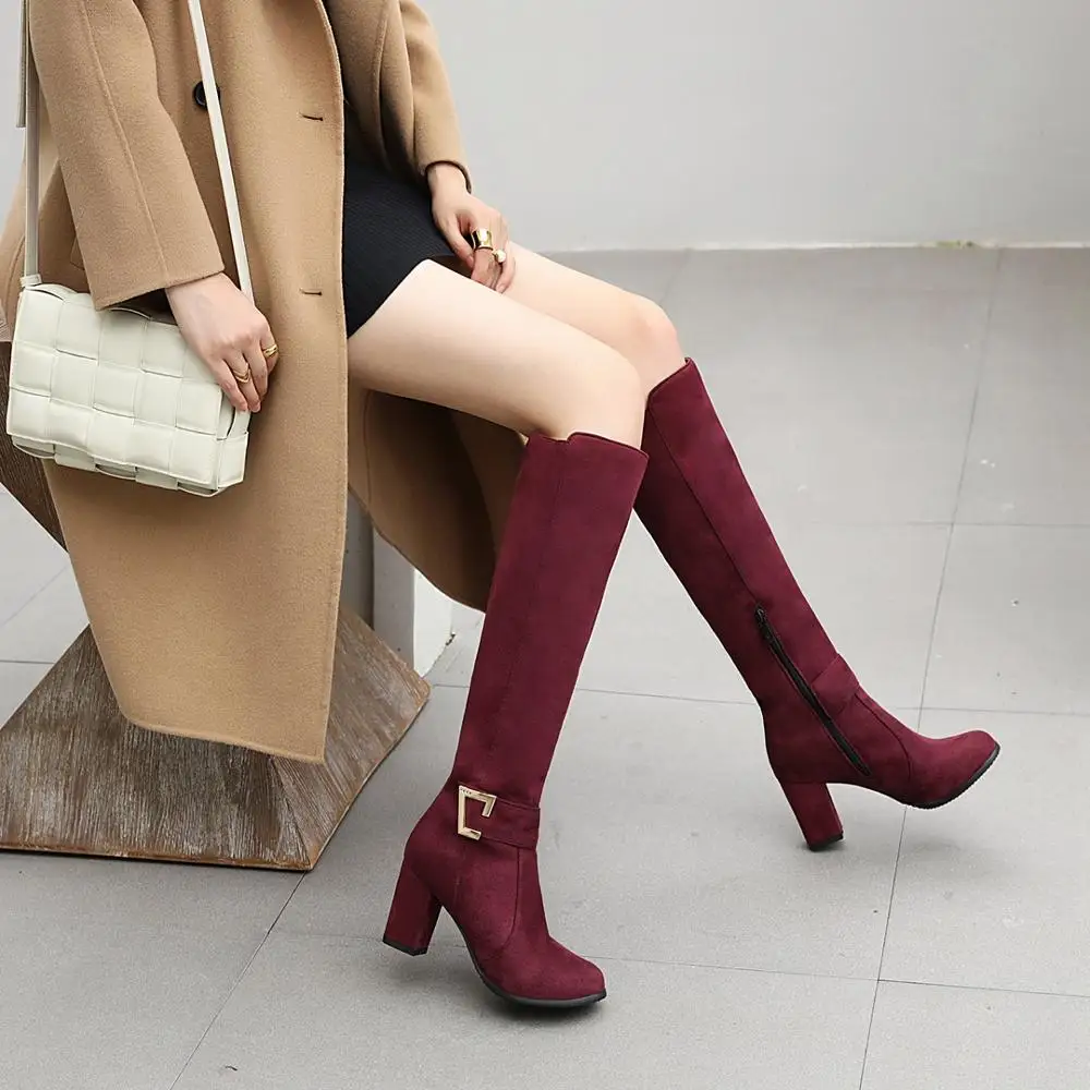 Oversized Cow Suede Thick-Heeled Knee-Length Boots With Metal Buckle Nubuck Leather High-Heeled Fashionable Round-Toe Navy Blue