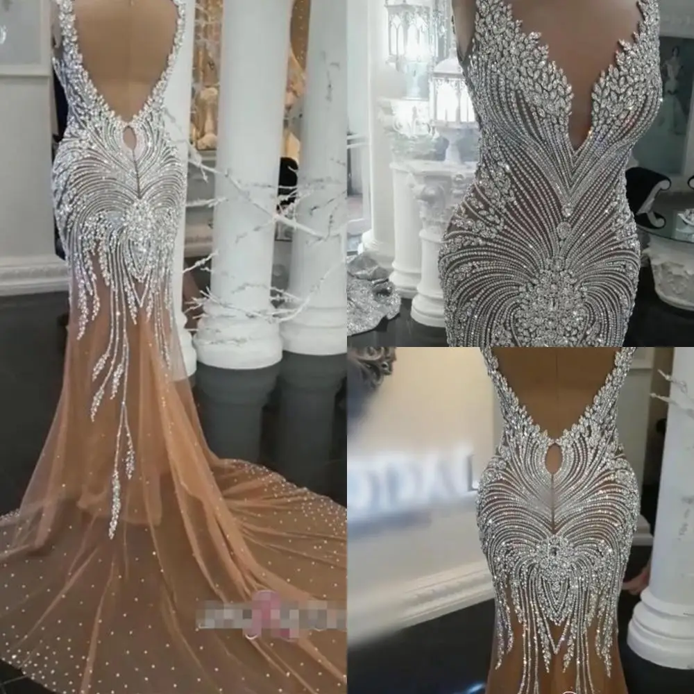 

Luxurious African Crystal Prom Dresses 2023 Mermaid Black Girls Evening Formal Gowns Illusion Neck Champagne robe de Soriee