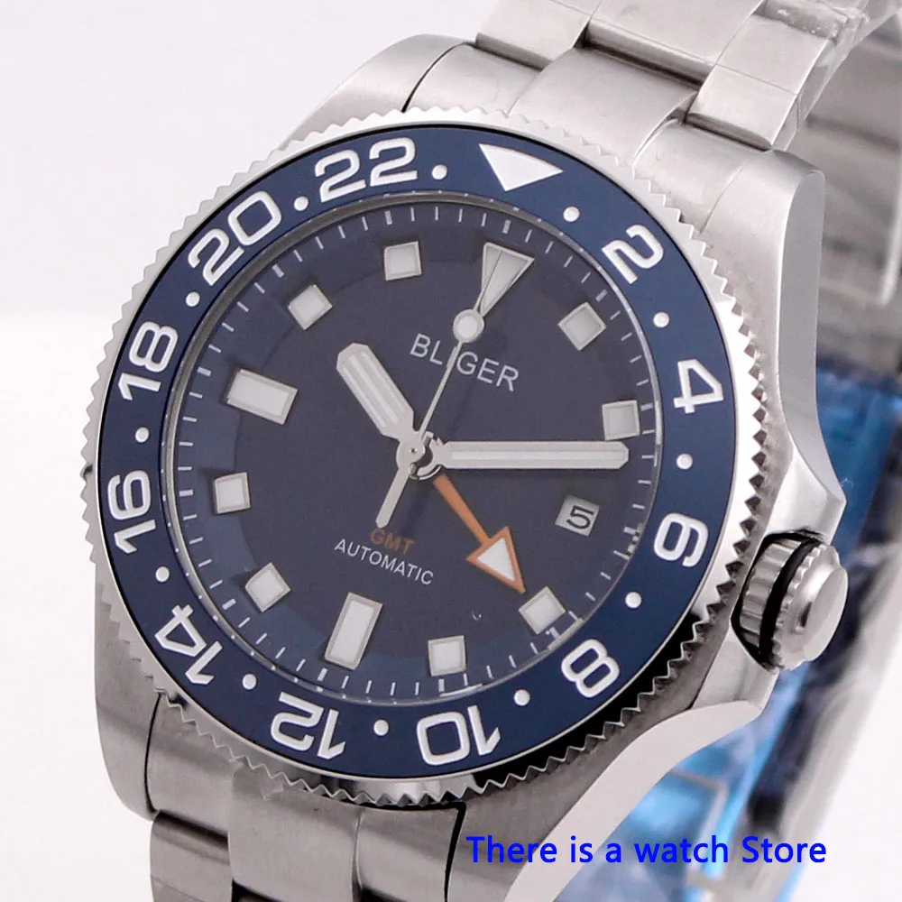 

Bliger 43mm Blue Dial Automatic Mechanical Mens GMT Watch Luxury Business Calendar Clock Sapphire Glass Luminous Wristwatch Men