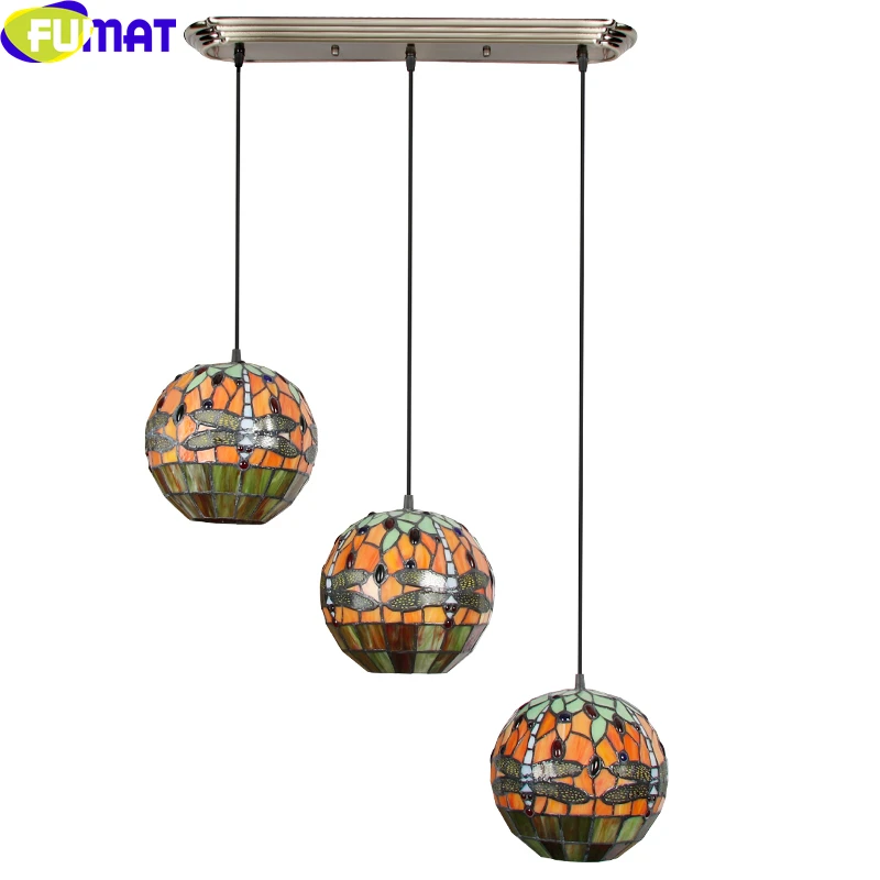 FUMAT Antique Dining Room Pendant Lamp Tiffany Style Stained Glass Ball Hanging Light Fixture Dragonfly Art Lighting 3 Heads E27